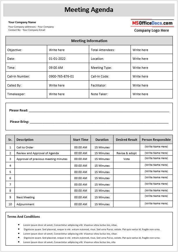 Informal Meeting Agenda Template 01