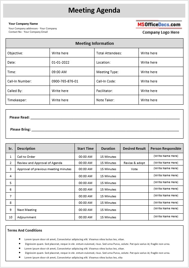 Formal Meeting Agenda Template 01